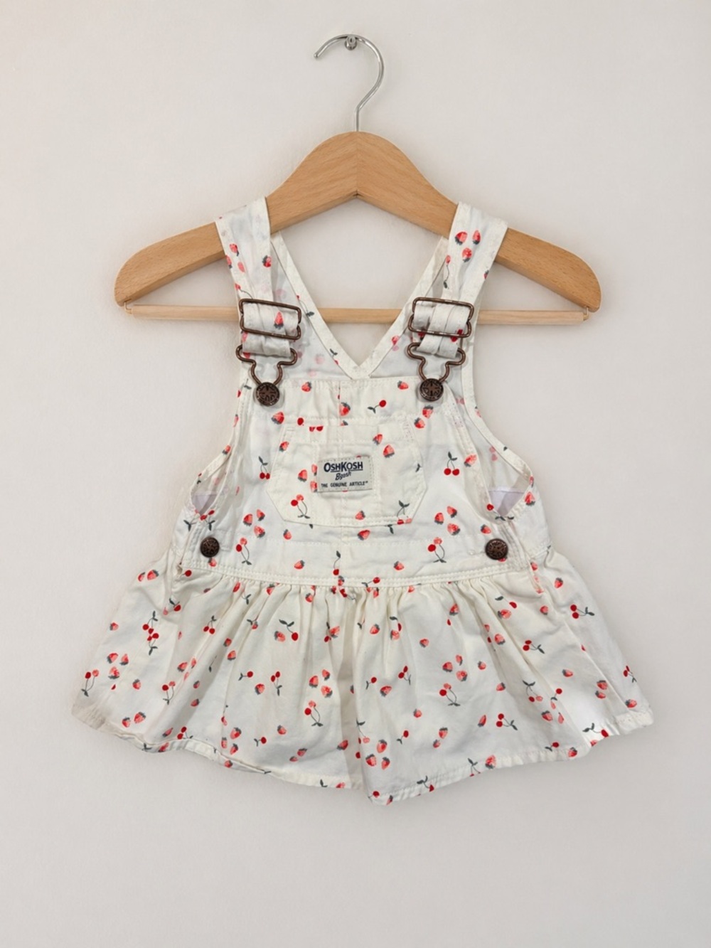 OshKosh B'gosh Cream Overalls Dress with Red Cherry & Strawberry Print 6 Months